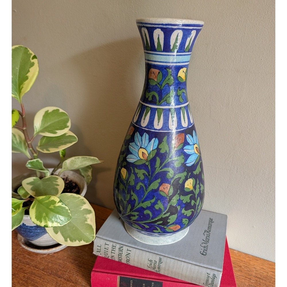 Vintage Jaipur Blue Pottery Hand Painted Indian Ceramic Vase Cobalt Blue Floral